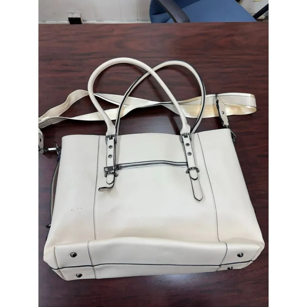Mosiso PU Leather Beige Laptop Bag with Handles and Shoulder Strap